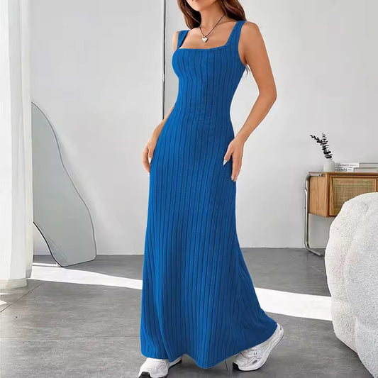 Women's Elegant knitted long dresses Casual Sundress Beach Dress ball gown Square Neck Tank Dresses vestidos verano moda 2024